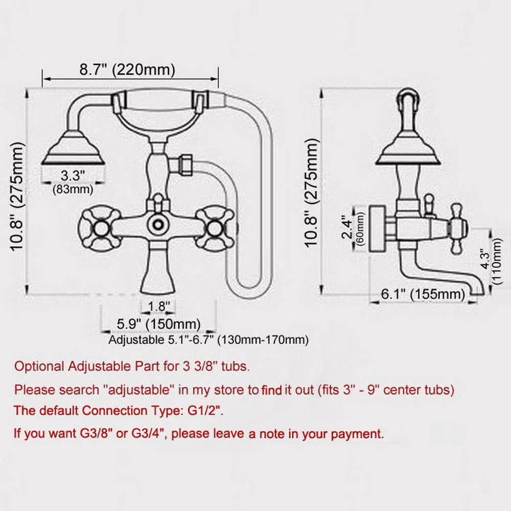 Retro Antique Brass Wall Mounted Bathroom Bath Tub Faucet Set WITH/ 150CM Handheld Shower Spray Head Mixer Tap Dna223