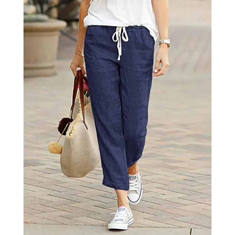 TUSHANGGE Solid Color Drawstring Elastic Waist Women Long Pants Plus Size Pockets All-Match Comfortable Straight Lady Trousers