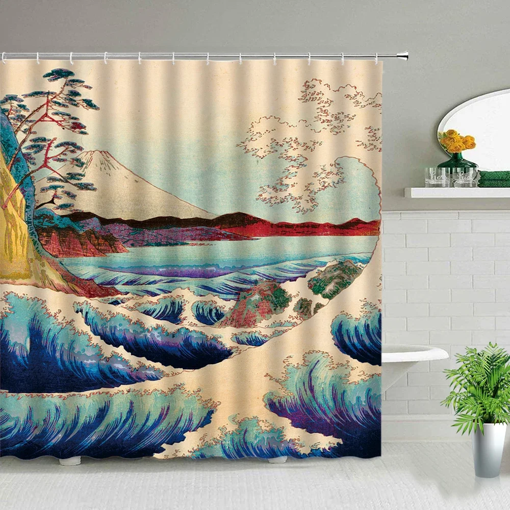 Sea Wave Pattern Cartoons Scenery Shower Curtain Set Modern Bathroom Decor Screen Waterproof Fabric Hanging Curtains With Hooks