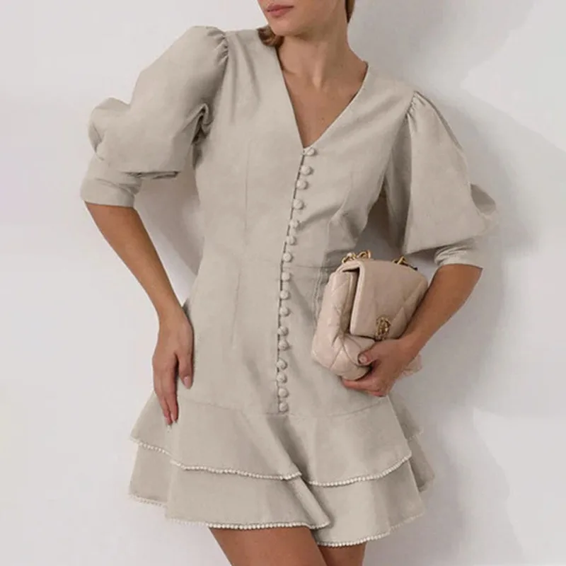 

Ticketsx Elegant V-neck High Waist Dress Summer Fashion Solid Single-breast A-line Dress Casual Commuter Dress Women's Clothing