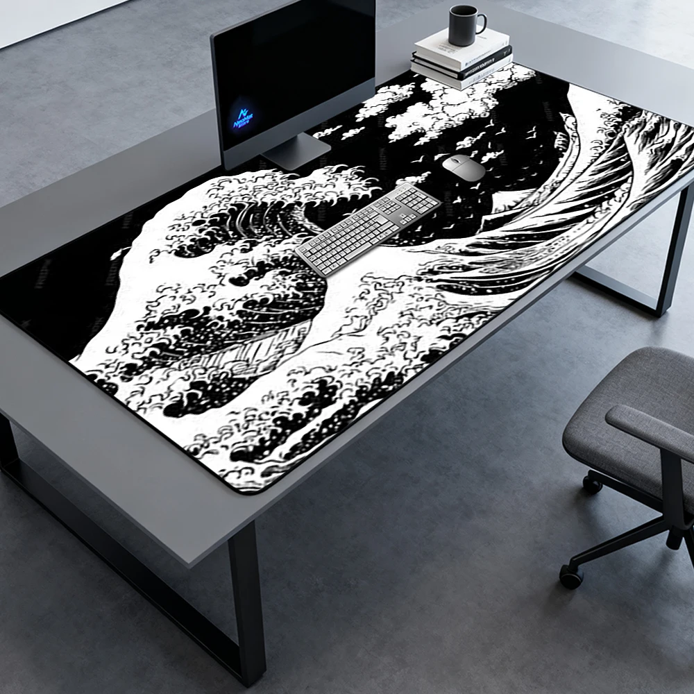 Great Wave Mouse Pad Kanagawa 120x60cm Rug Japanese Ukiyoe Ocean Art Desk Mat Black White Hokusai Large Mousepad for PC Setup