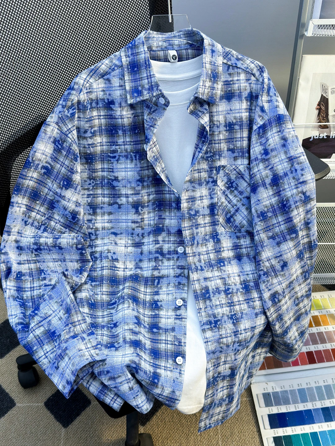 

American Sle Tie Dye Plaid Long Sve irt Men Summer High End Couple Sunscreen Loose Outerwear Casual Haome Coat