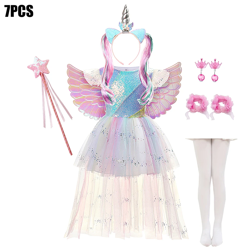 Vestito da tutù per unicorno per festa di compleanno per bambina, arcobaleno alto e basso, 3 pezzi, abiti da principessa di carnevale fantasia con fascia per capelli + ali