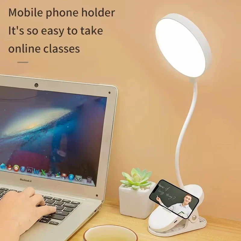 DC5V Desk Lamp USB Rechargeable Table Lamp With Clip Bed Reading Book Night Light LED Desk Lamps 3 Modes Dimming Eye Protection