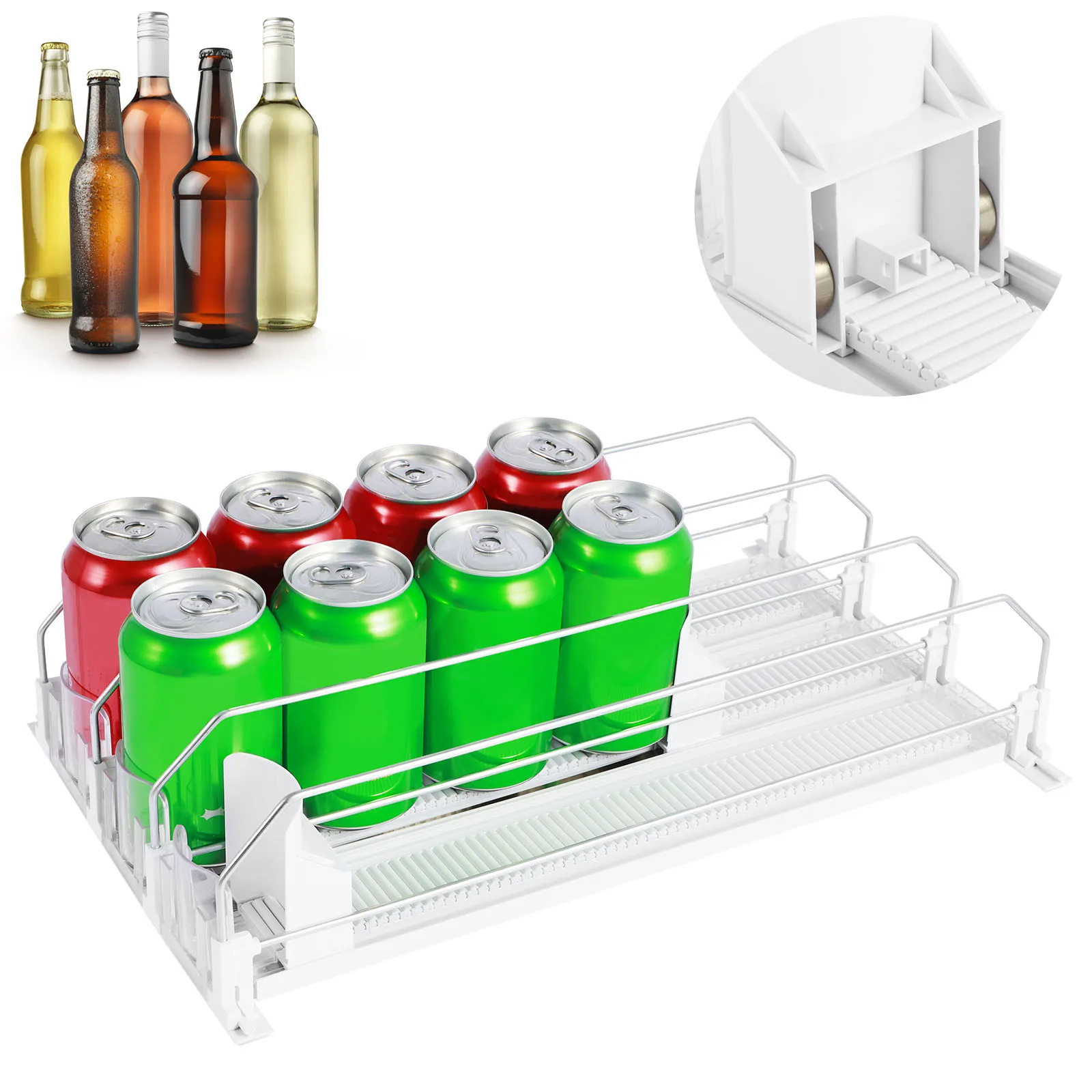 Drinks Organizer for Fridge Self-Sliding Soda Can Dispenser Adjustable Width Fridge Organizer Drinks Dispenser 3 Rows Can