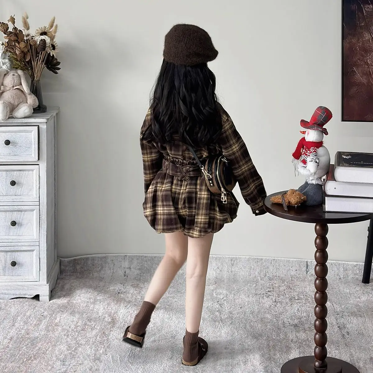 بدلة بناتي لخريف 2025 ملابس أطفال جديدة كورية فتاة طفل بلينغهام طية صدر السترة قميص بأكمام طويلة شورت برعم الزهور مجموعتين