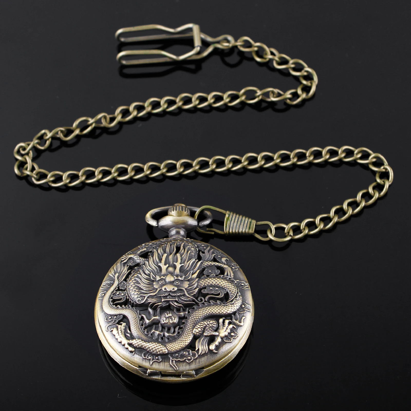 Винтажные бронзовые карманные часы с полым дизайном дракона, кварцевые карманные часы для женщин и мужчин с цепочкой, ювелирные аксессуары, подарки