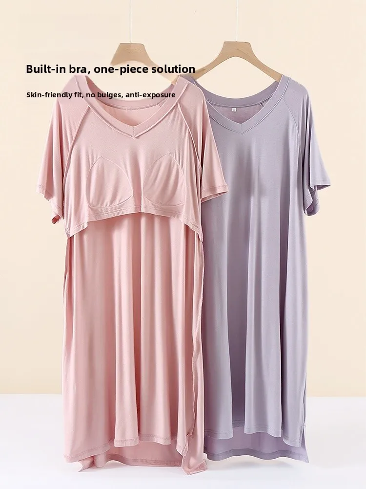 

Modal Sp Dr with Chest Pad V-Ne ort Sve Women Summer One-Piece Dr Materni Nightgown Thin Home Clothes