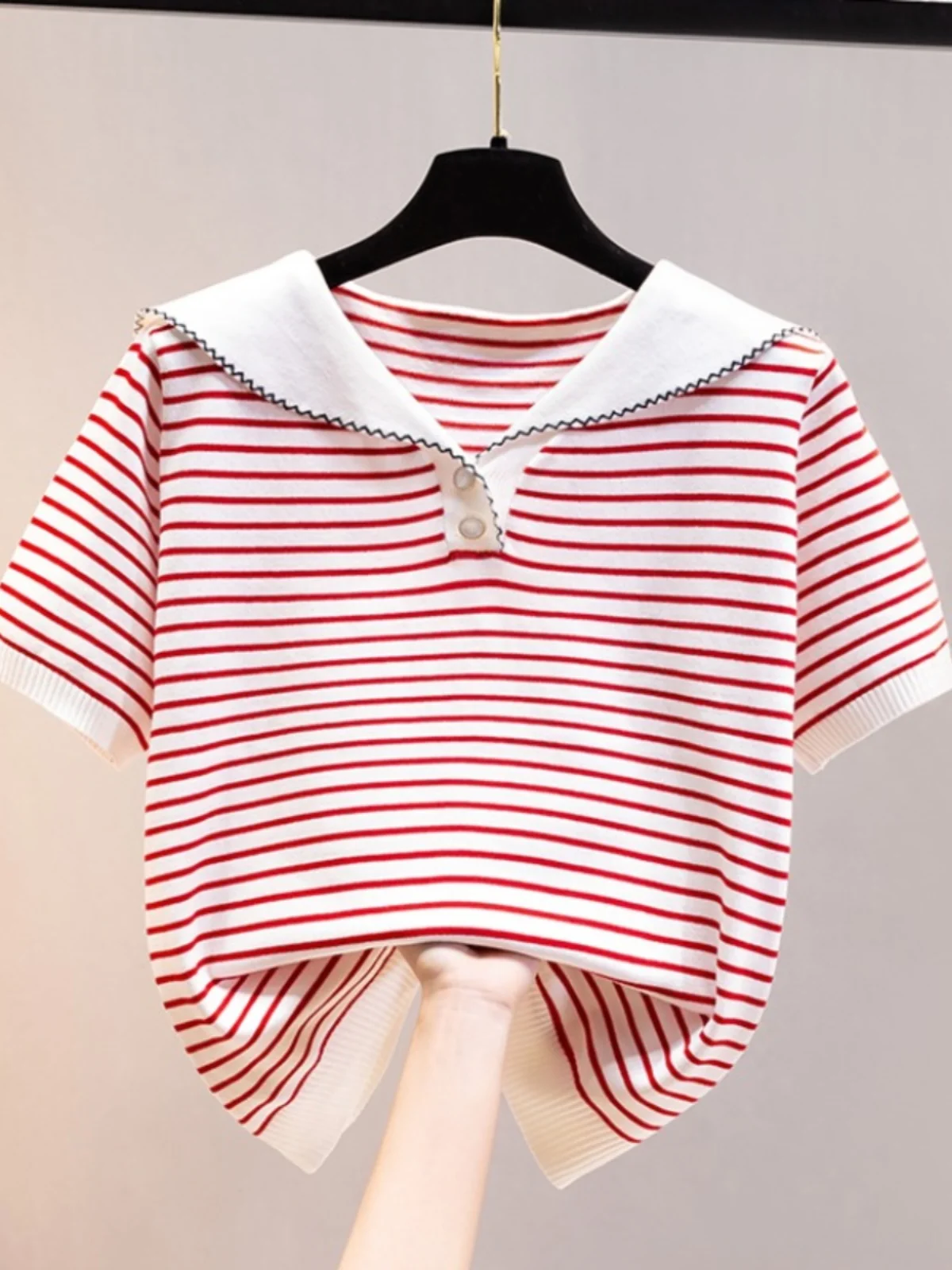 Striped Knitted T-shirt Summer Ice Silk V-Neck Navy Style Short Sleeve Top Women 2024 New Korean Loose Versatile Short Tee