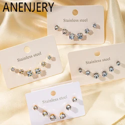 ANENJERY 316L Stainless Steel 6 Pieces Shiny Zircon Square Round Earring for Women Simple Cool Jewelry Gifts Wholesale