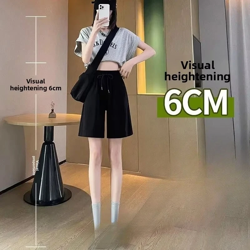 شورت رياضي نسائي للفصول الأربعة، رفيع وفضفاض، كاجوال، ساق واسعة، متوسط الطول، قصة مستقيمة، خمس نقاط، سروال عالي الخصر