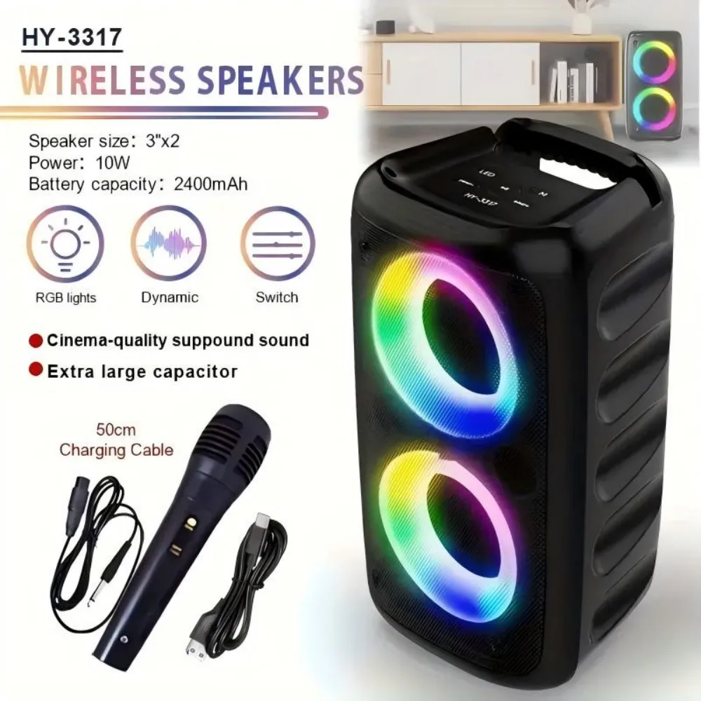 MOKiN Wireless Speaker with Subwoofer & Wired Microphone-Dual 10W Speakers, RGB Light, FM Radio, 2400mAh Battery, TF Card Slot