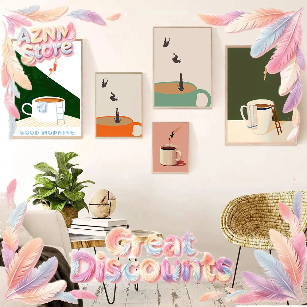 2026 Surreal Coffee Cup Diving Canvas Print - Creative Minimalist Illustration Art - Scandinavian Home Dec Wall Poster Unframed