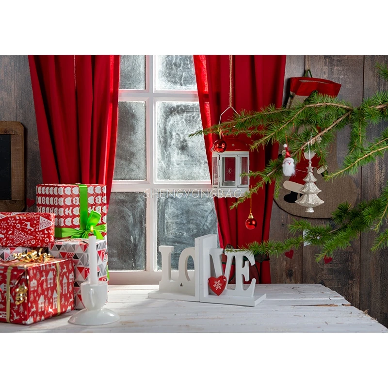 Vinyl Custom Christmas Day Fireplace Photography Backdrops Prop Window Living Room Interior Village House Theme Background DR-06