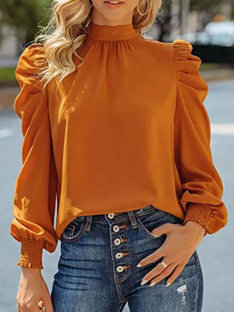 

Fashion Women Solid Color Blouse Hollow Out Design Bandage Decor High Collar Puff Long Sleeve Autumn Casual Loose Pullovers Top