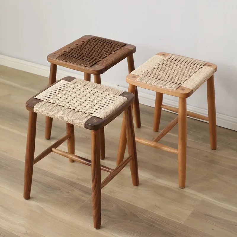 

Japanese Restaurant Stools Square Woven Dining Seat Living Room High Foot Dressing Stools Stable Load-bearing Kitchen Furniture