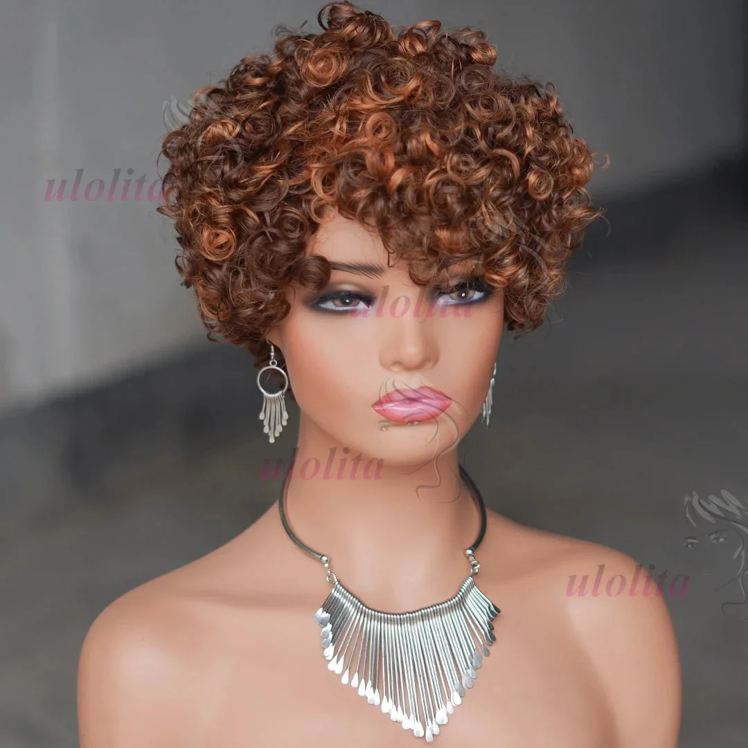 6 Zoll kurze lockige Perücken mit Pony, 4/30 Highlight Piano-Farbe für schwarze Frauen, Echthaar Pixie Cut, federnde lockige Echthaarperücken – Detail 3