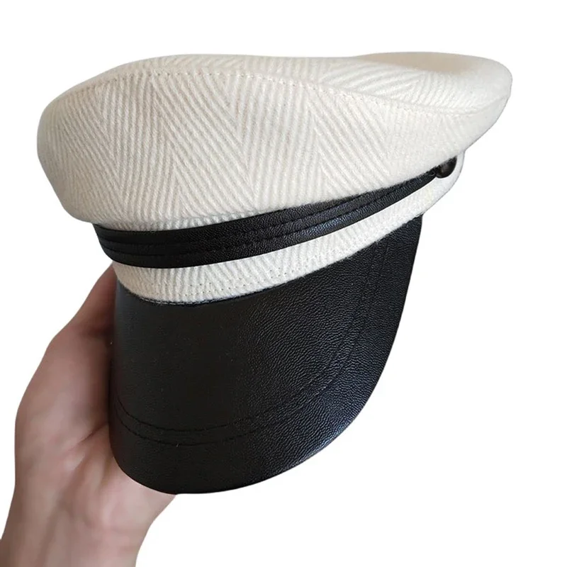 High Quality Casual Military Cap Man Woman Woolen Flat Hats Captain Cap White Vintage Leather Bill Newsboy Cap NC35