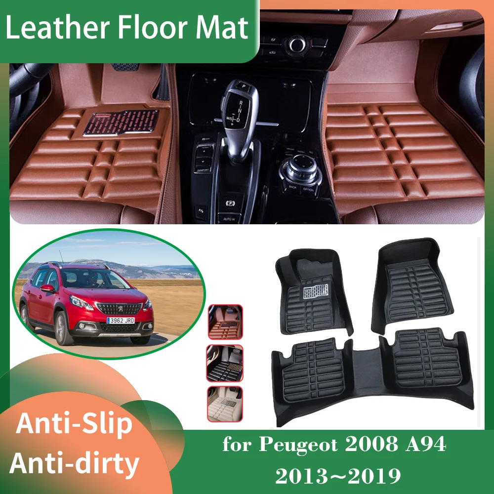 

Car Leather Floor Mat for Peugeot 2008 A94 2013~2019 2014 2015 Foot Interior Liner Waterproof Carpet Pad Custom Rug Accessories