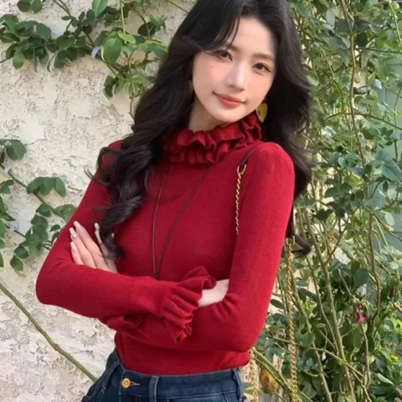 

Женский вязаный топ Dongda Gate, осенне-зимняя новинка, с высоким воротником, из ангоры, красный, длинный, для повседневной носки, мягкий, дышащий, однотонный