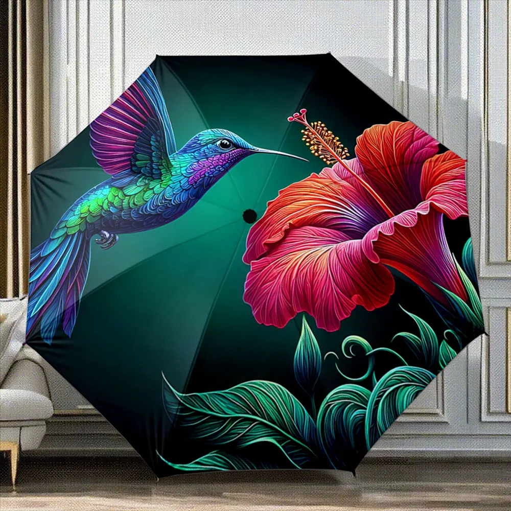 Colorful Hummingbird and Hibiscus Flower Artwork on Umbrella Portable Folding Umbrella, Gift for Family And Friends