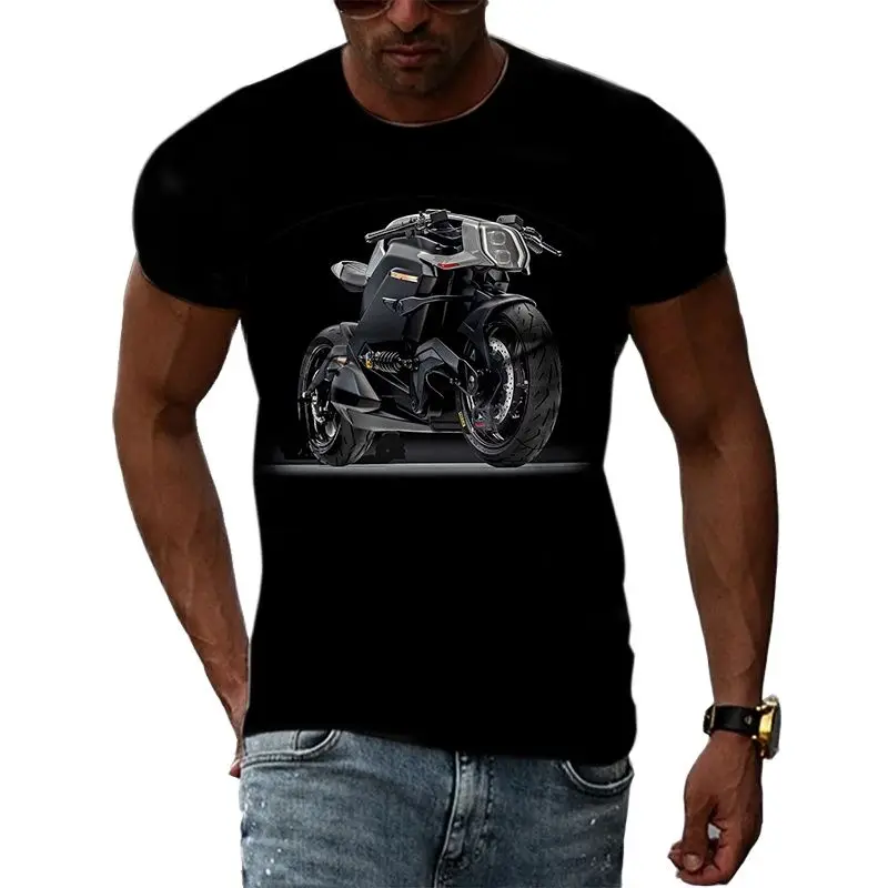 Camiseta con estampado de motocicleta para hombre, camisa informal de manga corta con cuello redondo y personalidad, de gran tamaño, a la moda,