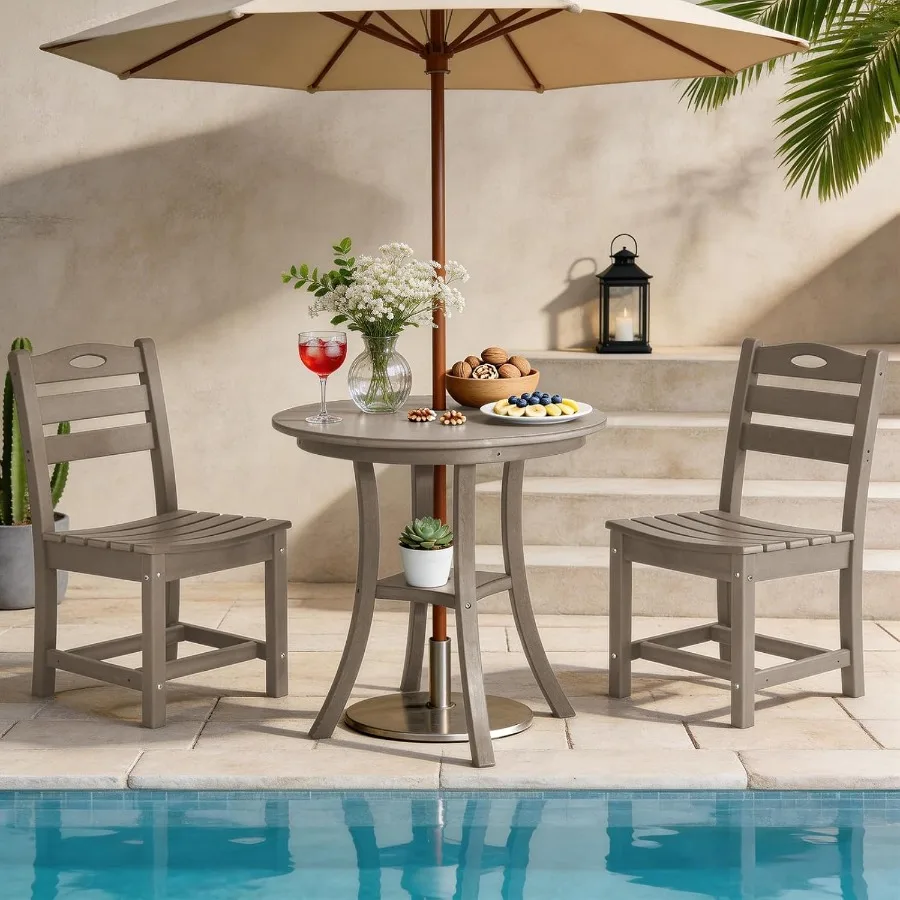 3 Pcs Outdoor Patio Bistro Set with Umbrella Hole, HDPE 29.7