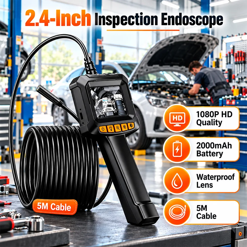Industrial Endoscope Camera 2.4" Screen 1080P HD Borescope 3.5cm Short Lens 5M Cable 2000mAh IP67 Waterproof 8 LED Car Pipe Sewer Inspection