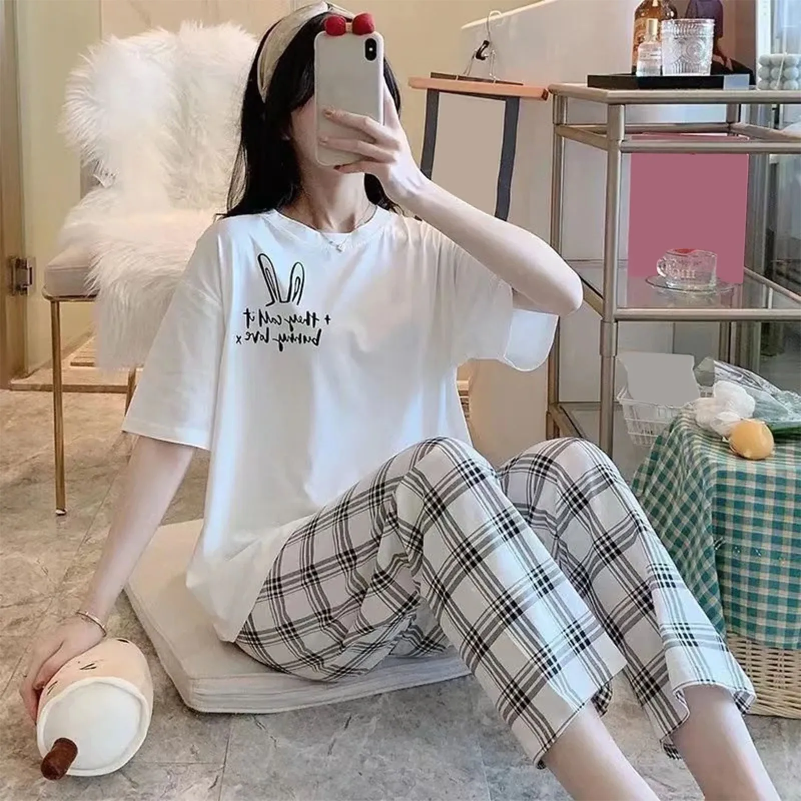 

Women's Lovely Pajama Set Short Sleeve Top & Plaid Full-Length Pants Rabbit Print Two Pieces Sleepwear Nightwear Casual Homewear