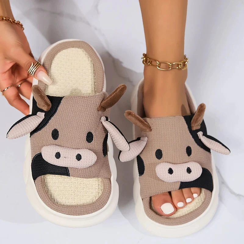 Casual Platform Slippers Women Home Cute Cow Cartoon Designer Shoes Girls 2024 Linen Fashion Chic Elegant House Slipper Big Size