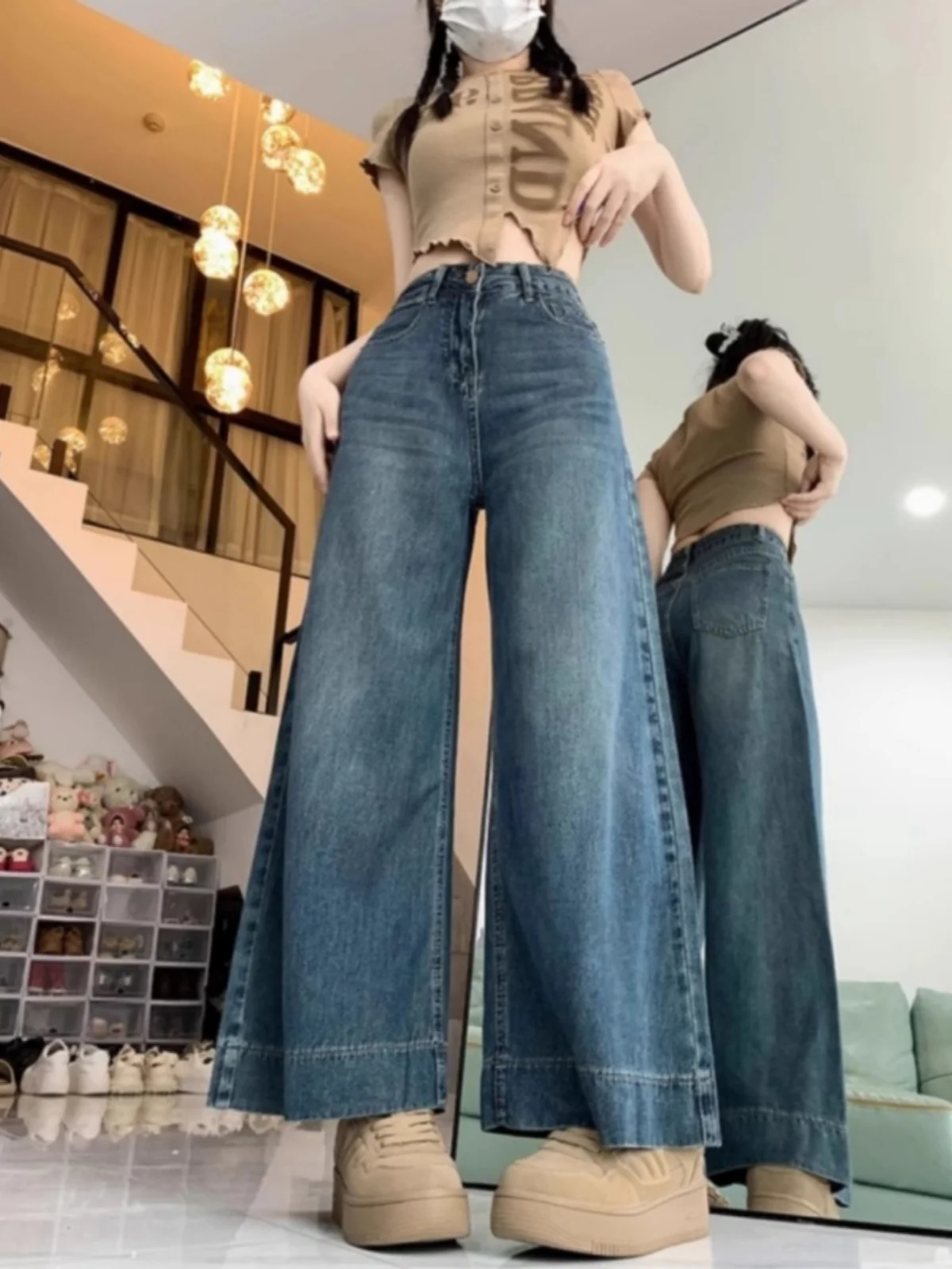 High Waist Wide Leg Denim Jeans Women's Student Style Straight Long Pants Autumn Winter plus Size Slimming Trousers