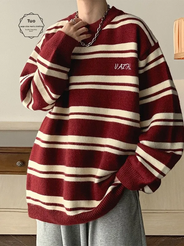 

Красно-белый полосатый свитер свободного кроя с круглым вырезом для мужчин, мягкий и уютный, осенне-зимний, в американском ретро-стиле, парный свитер
