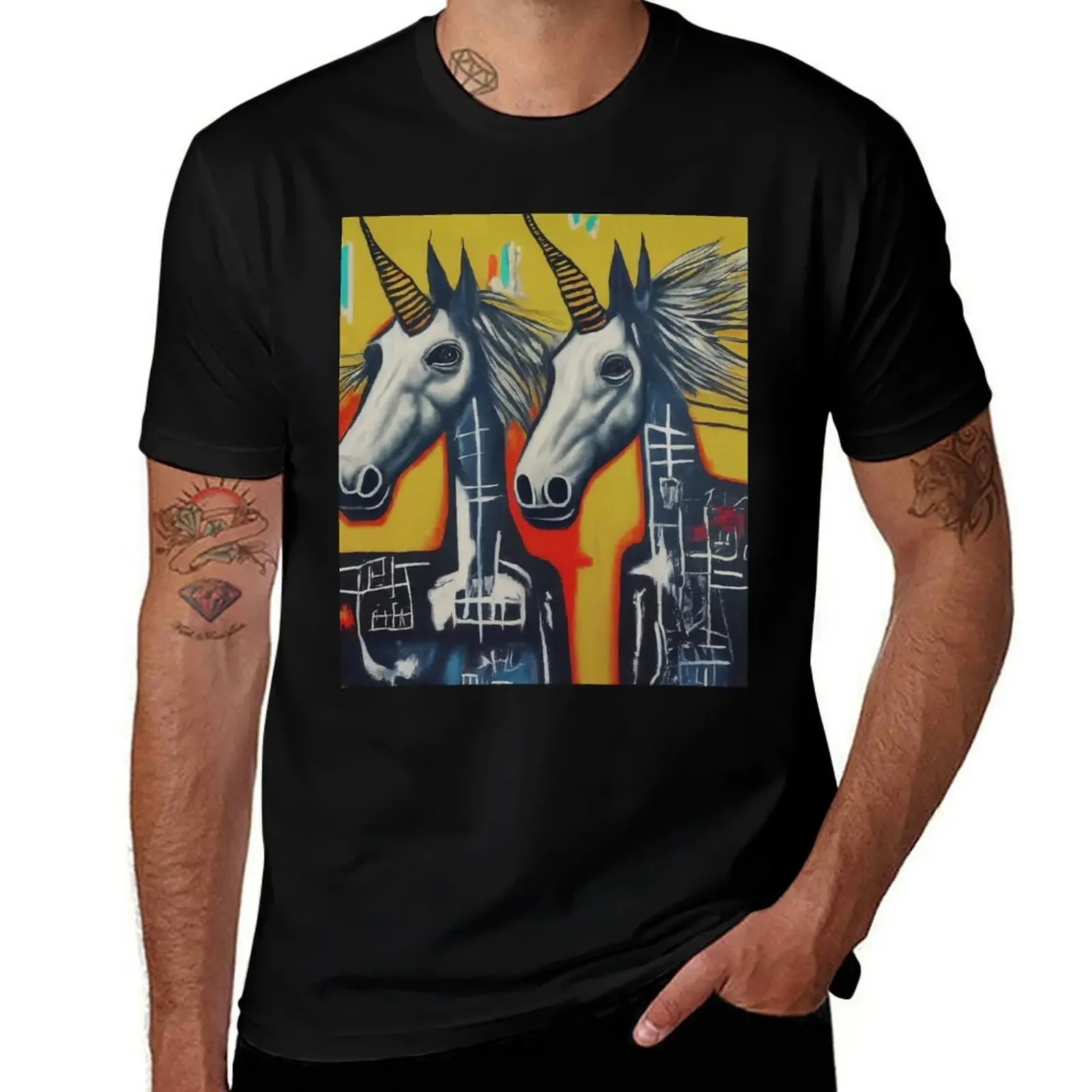 

Electric Twins – Abstract Urban Unicorns on Yellow Canvas T-Shirt shirts graphic tees street wear graphic tee shirt t shirts men