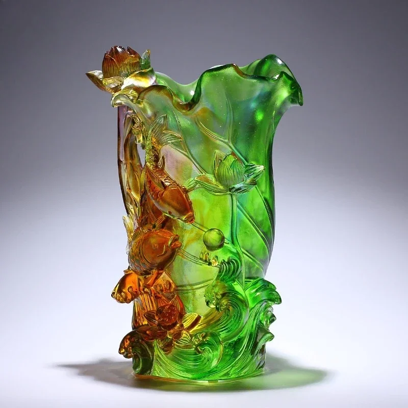 

Glazed lotus fish play lotus room dried vase ornament glass handicraft living room flower arrangement housewarming gift high-end