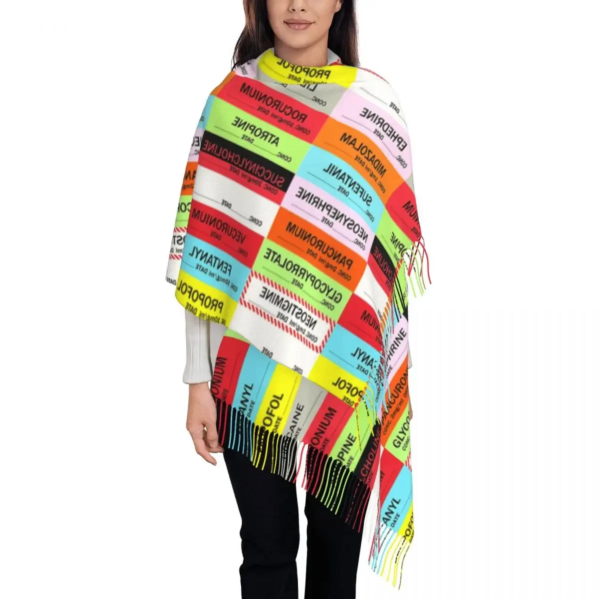 Ladies Large Medical Nurse Anesthesia Medication Labels Scarves Women Winter Thick Warm Tassel Shawl Wrap Scarf