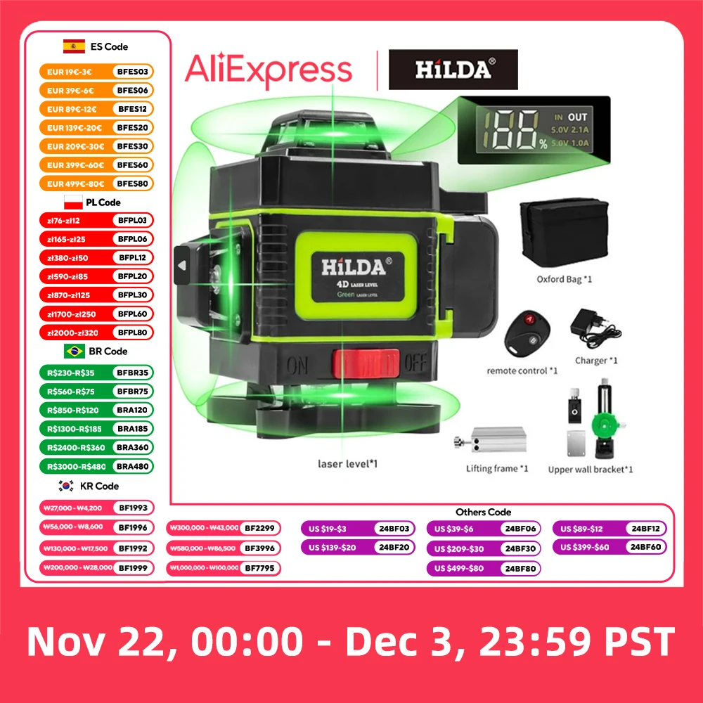 HILDA 16 Lines Green 4D Laser Horizontal 360 Self Leveling Vertical And Horizontal Ultra Strong Green Light Beam Laser Level