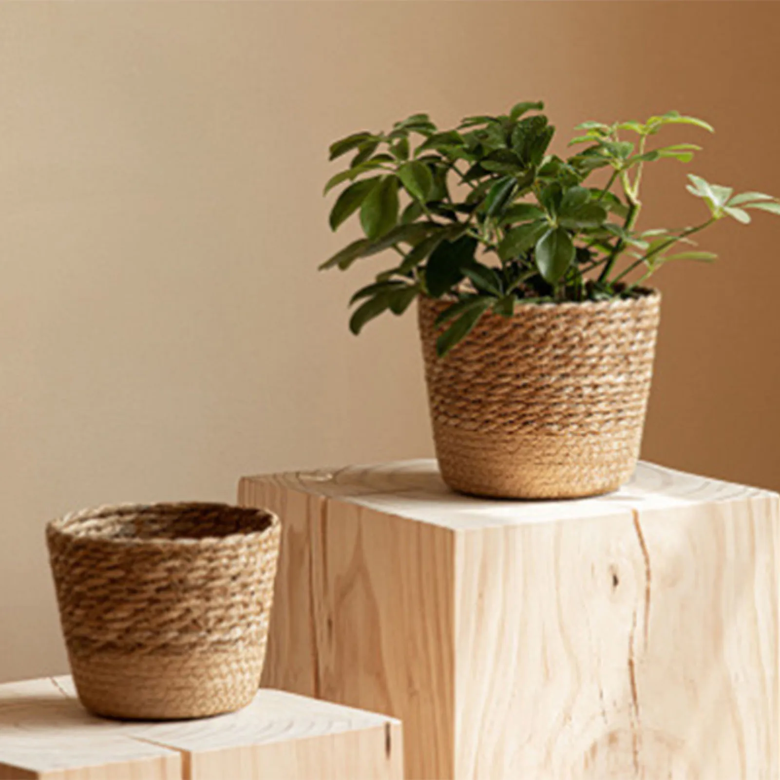 Seaweed Wicker Basket Rattan Straw Weaving Flower Plant Pot Grass Planter Basket Hanging Flowerpot Dirty Clothes Storage