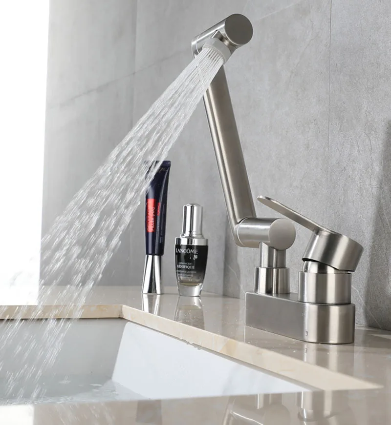 

Смеситель для кухонной мойки из нержавеющей стали 304, складной, с поворотом на 360 градусов, 2 отверстия, однорычажный, для горячей и холодной воды