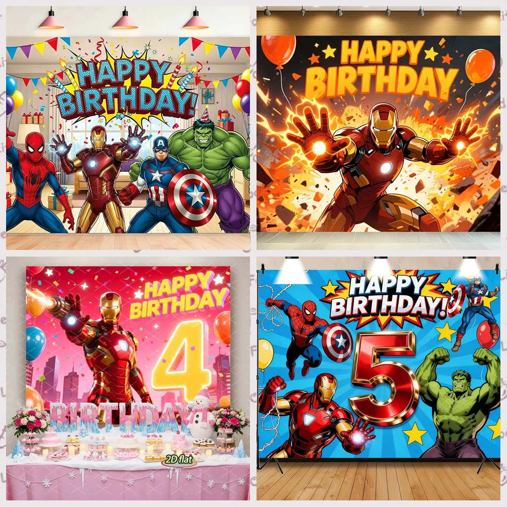 Avengers Iron Man Backdrop Custom Name Age Children Boy Happy Birthday Baby Shower Portrait Decoration Supplies Photography Prop