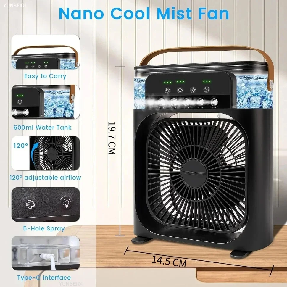 Portable 3-in-one Fan Air Conditioner with LED Light Humidifier and Timing Function Desktop Spray Fan for Home Office