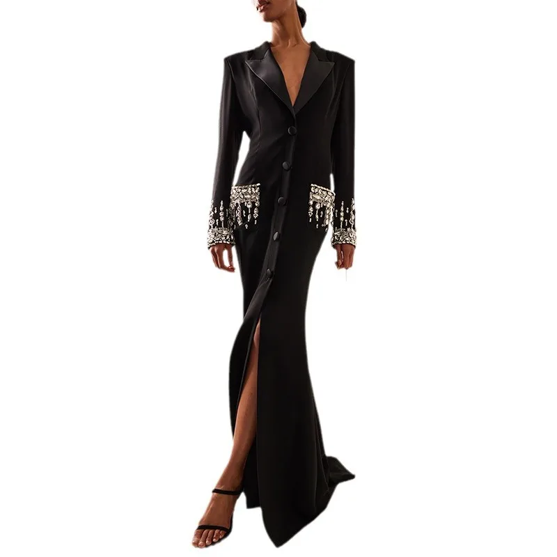 VC Crystal Black Floor Length Casual With Long Sleeves Turn down Collar Elegant For Performance  Maxi Long Dress