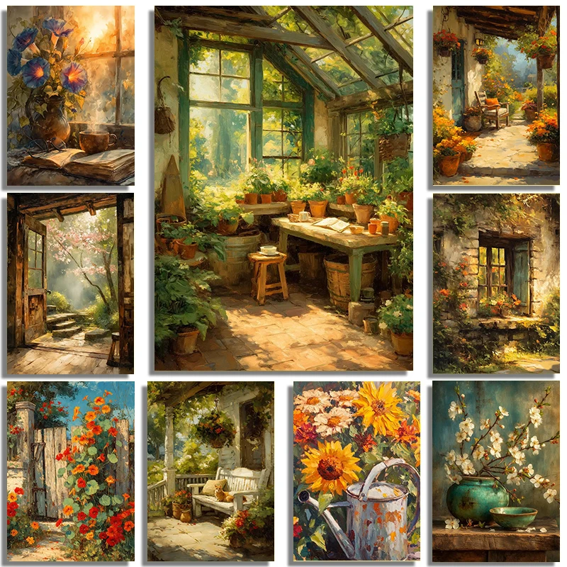 Misty And Peaceful Rural Courtyard Tea House Natural Art Landscape Poster Canvas Printing Home Studio Bedroom Wall Decoration