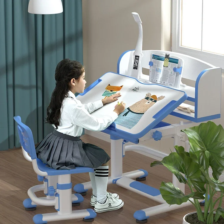 Adjustable Table Top angle children study table  posture correction multi-functional lifting learning desk with bookcase