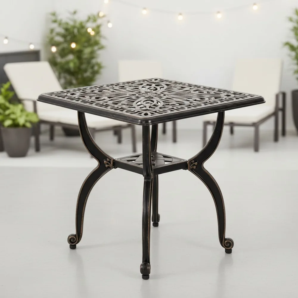 

Ornate Floral Cast Aluminum Side Table, Decorative Outdoor End Table with Scrollwork (Square, Copper)