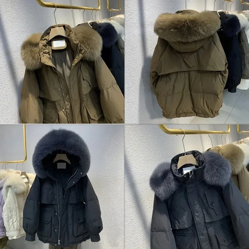 本物のアライグマの毛皮の襟付きダウンジャケット レディース 2025 冬 ファッション ゆったり 厚手 ホワイトダックダウンコート 女性用 暖かいパーカー オーバーコート