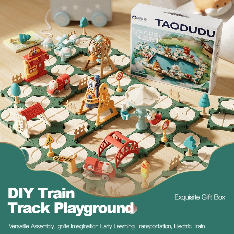 DIY Building Track Car Puzzle Track Model Assembly Toy with Ferris Wheel And Ferris Wheel Electric Miniature Train