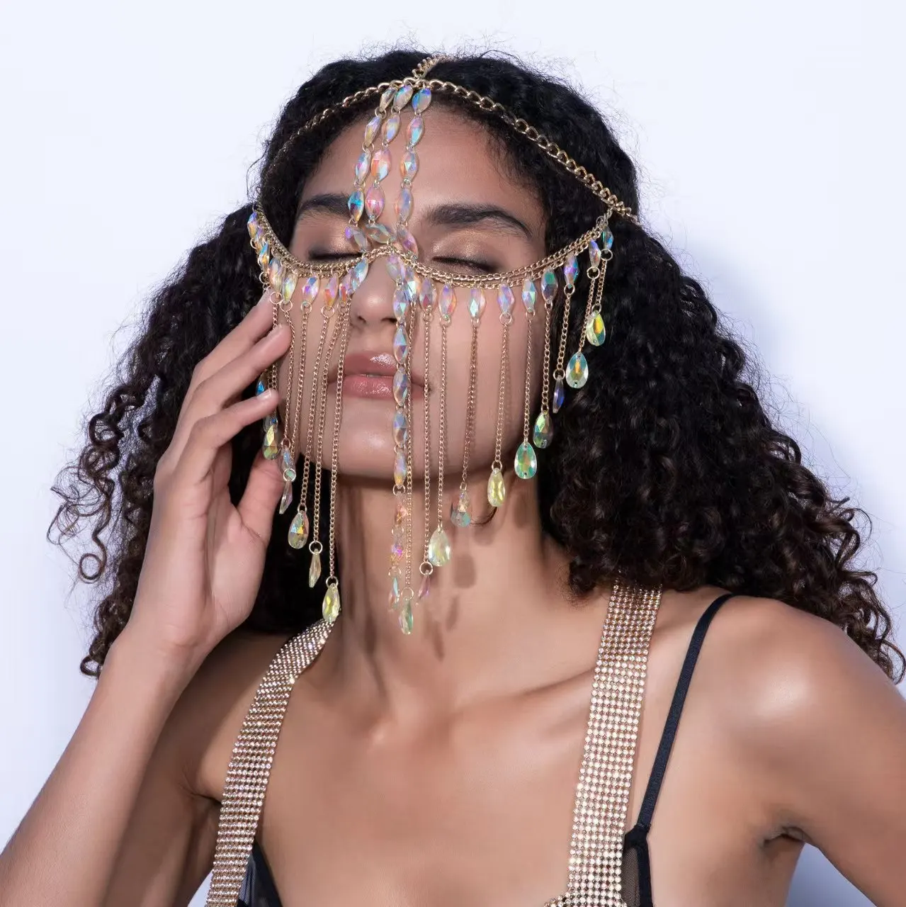 

Bohemian Crystal Fringe Face Chain Headwear for Festival Parties Weddings Facial Jewelry Accessory