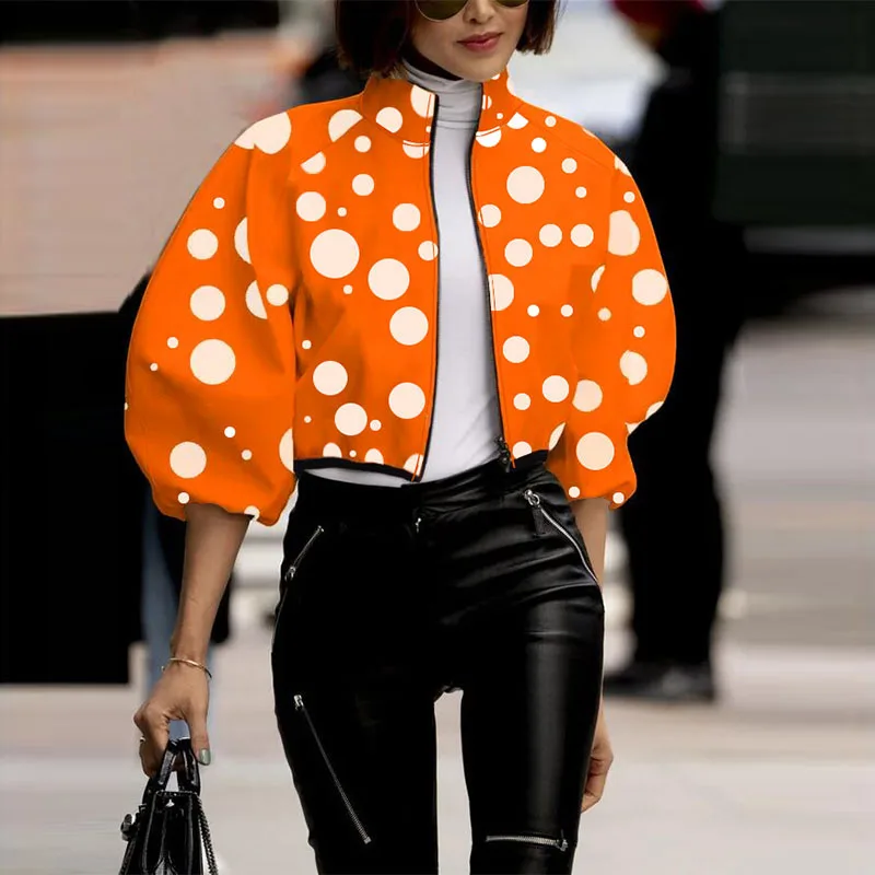 Manches longues automne femmes haute rue balle vêtements d'extérieur à pois imprimé col montant grande veste élégant fermeture éclair manteau court femmes haut