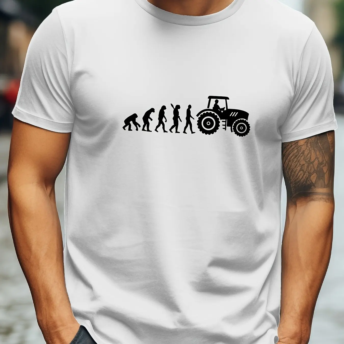 Men Humorous Tractor Evolution Graphic T-shirt Casual Round Neck Short Sleeve Evolution Contour Print Comfortable Street Hip Hop