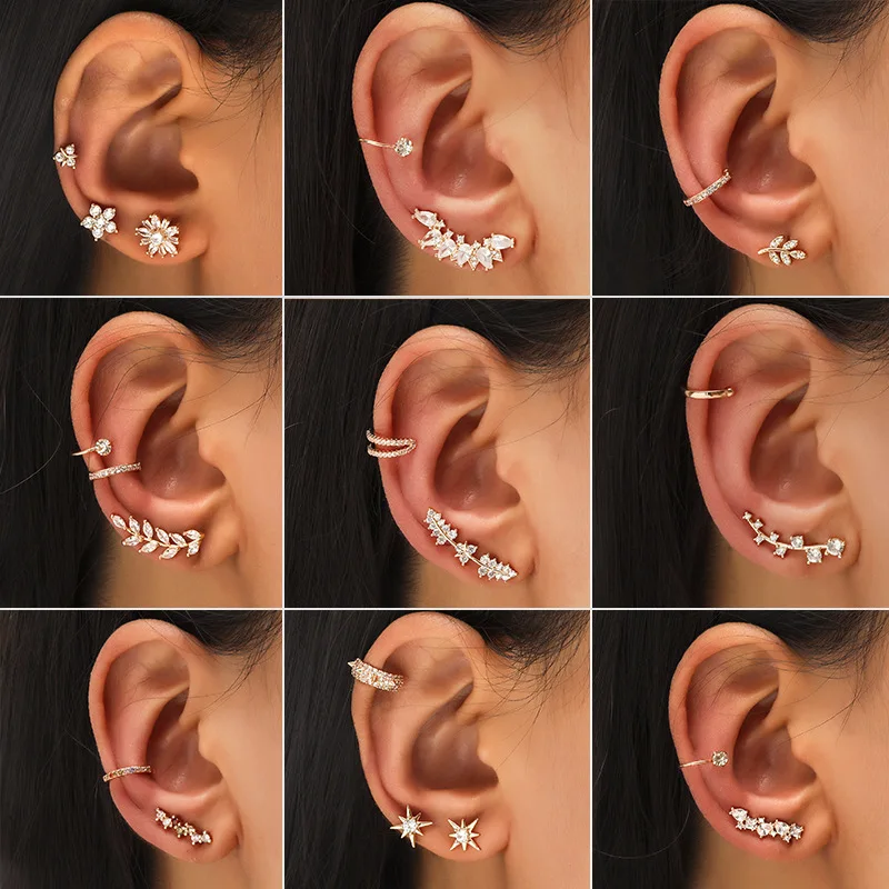 Fashion Alloy Star Leaf Stud Earrings Clips for Women Gold Color Ear Nail Clip Pearl Zircon Earless Stud Earrings Set